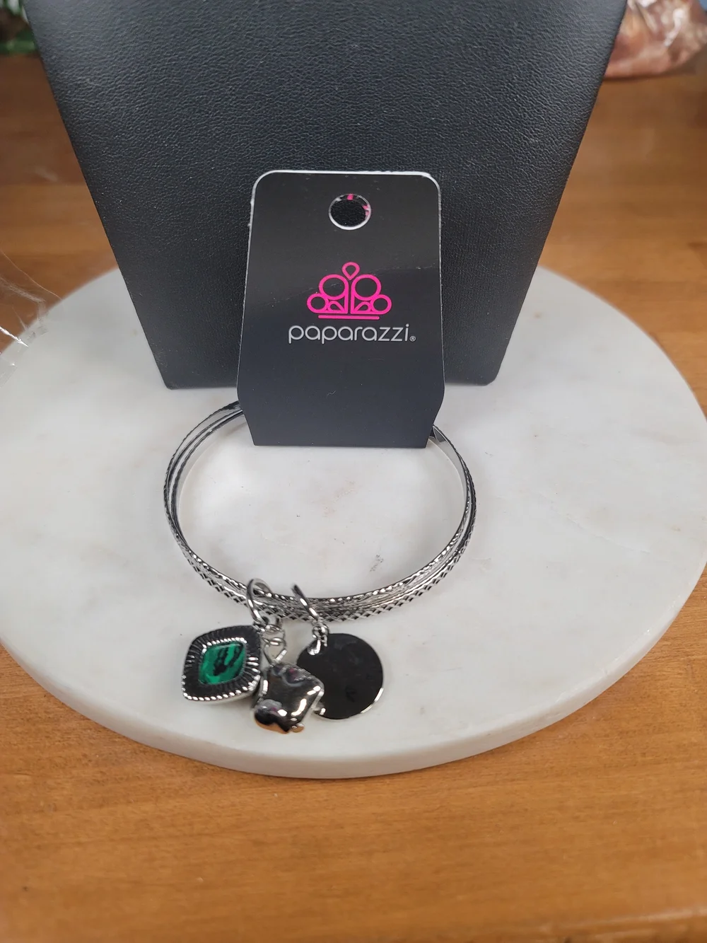 paparazzi Silver Bangle Bracelet with Green Charm